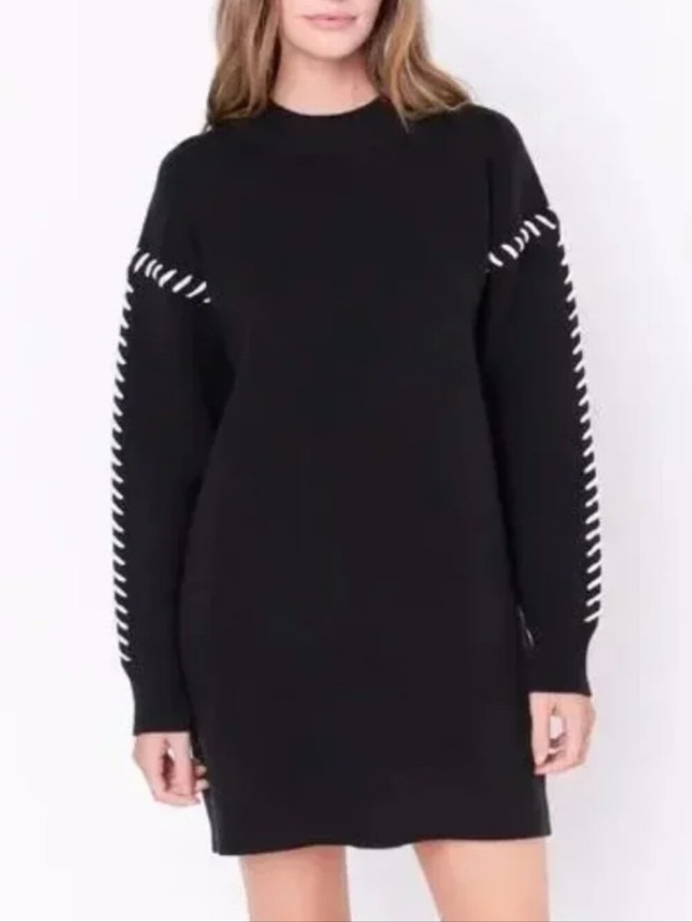 English Factory Black Long-Sleeve Knit Dress with White Stitching Size Large